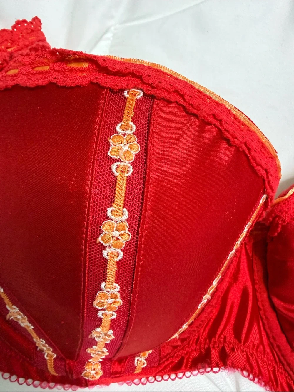Red Satin Embroidered Underwire Bra — Supportive Women's Lingerie